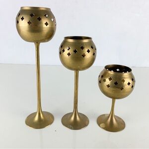 3 Vintage Solid Brass Chalice Punched Votive Tea Light Candle Holders Cottage
